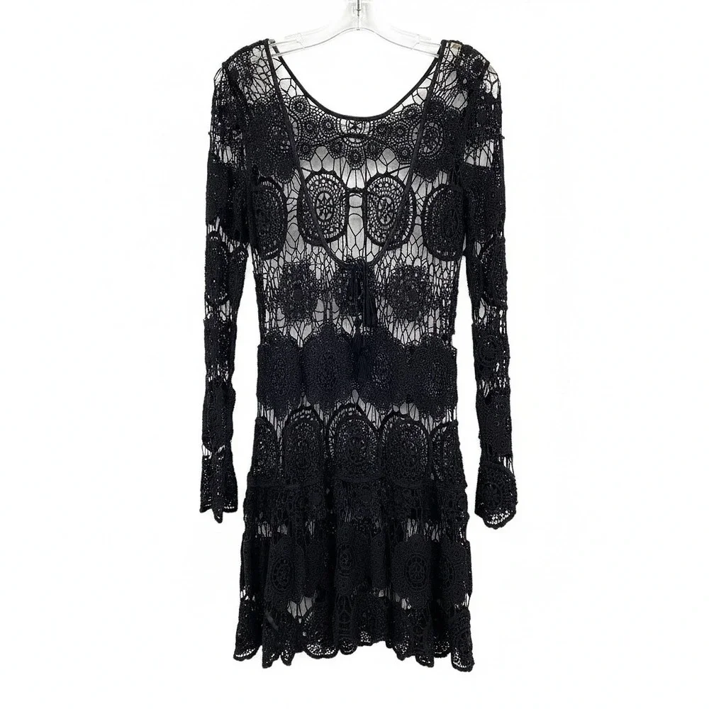 Free People Black Long Sleeve Lace Open Back Mini Dress
